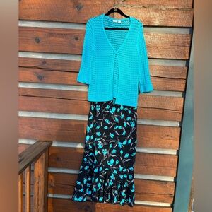 Women’s floral skirt with crochet cardigan. Size M. Black/turquoise blue.